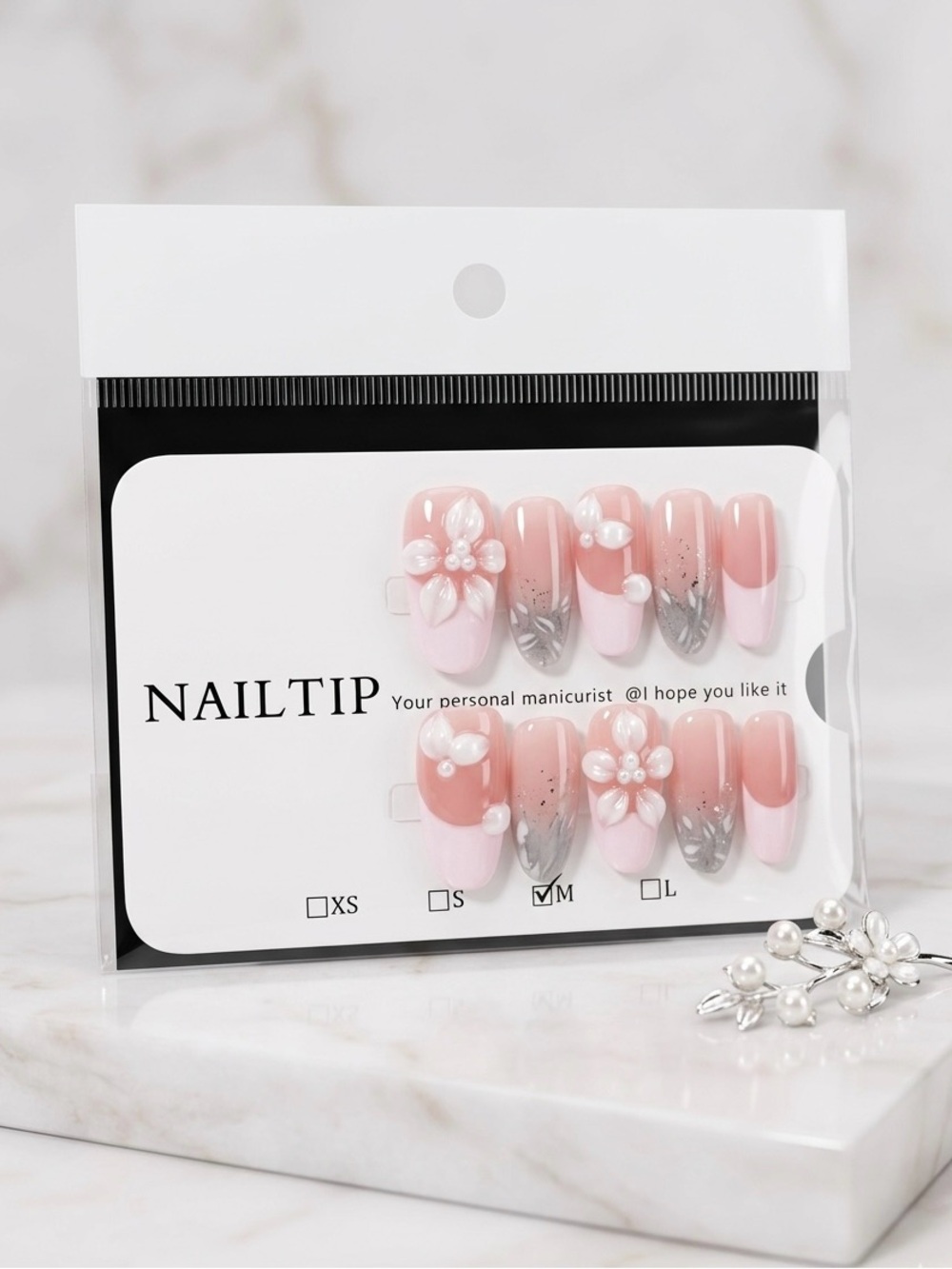 NAILTIP Pink Floral Press-On Nail Set